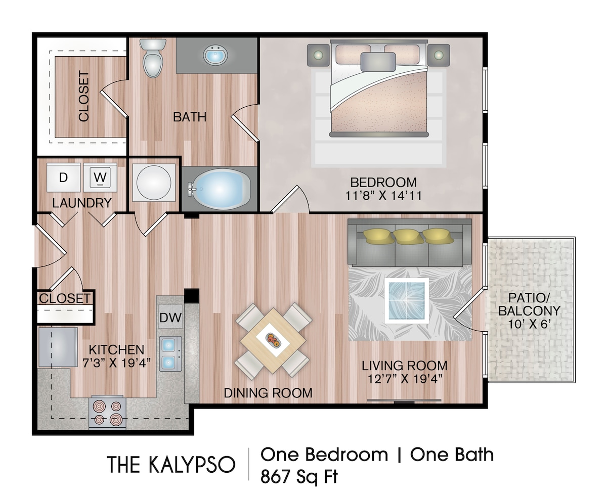 Diagram ng floorplan para sa The Kalypso, na nagpapakita ng 1 kuwarto