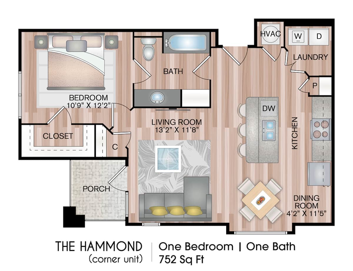 Floorplan diagram for The Hammond, showing 1 bedroom