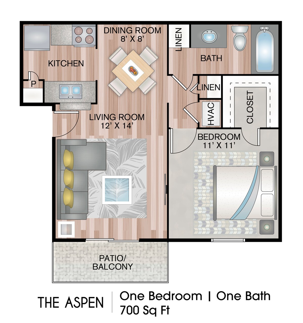 Floorplan diagram for The Aspen, showing 1 bedroom