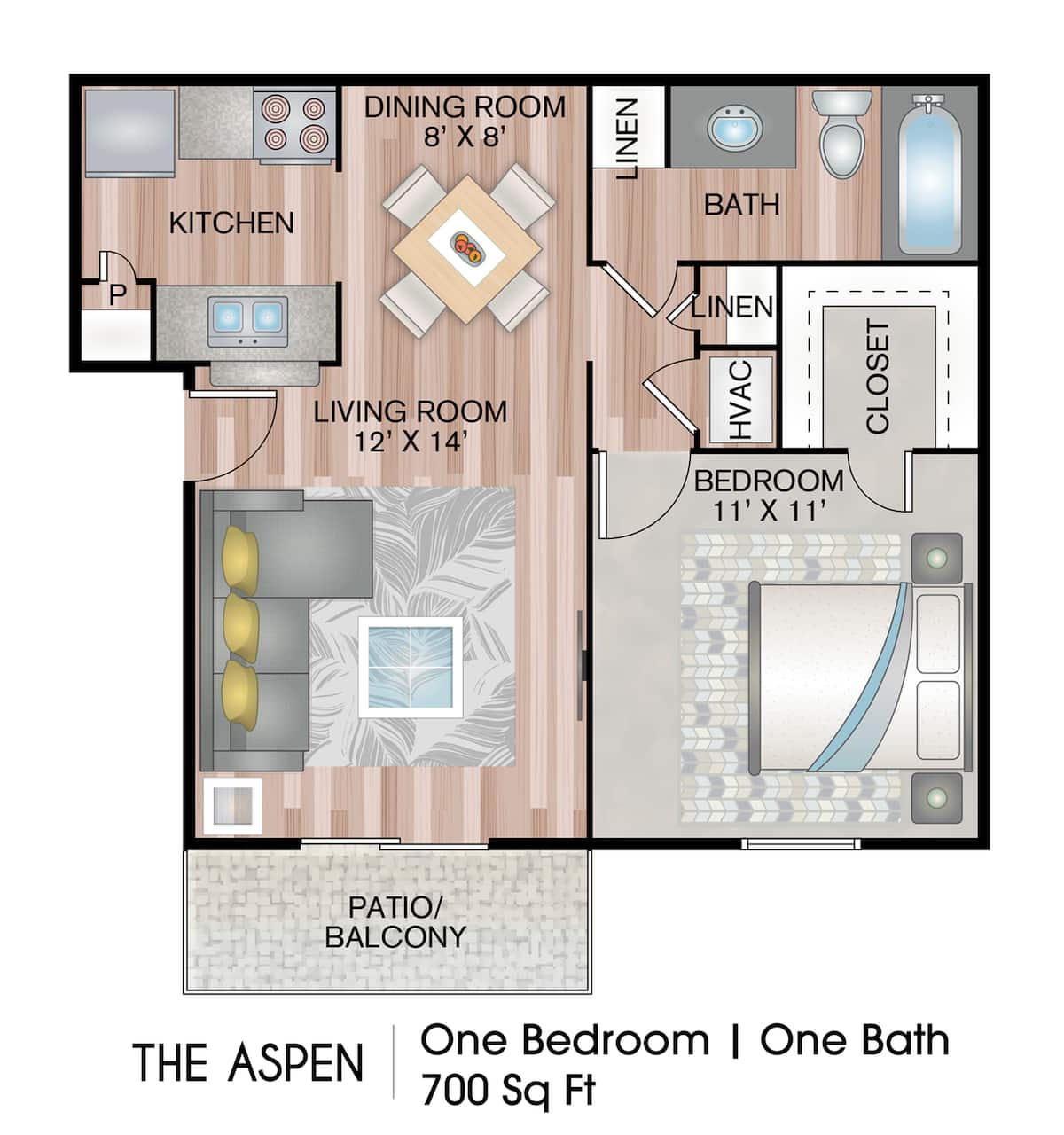 Floorplan diagram for The Aspen, showing 1 bedroom