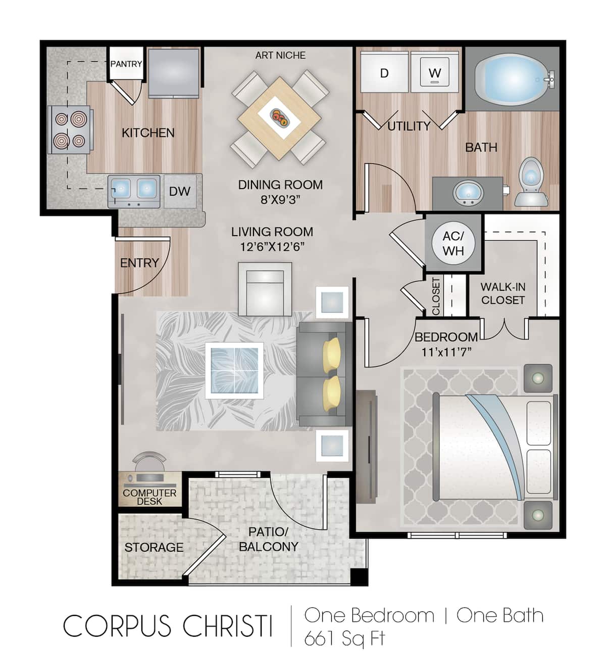 Floorplan diagram for Corpus Christi, showing 1 bedroom