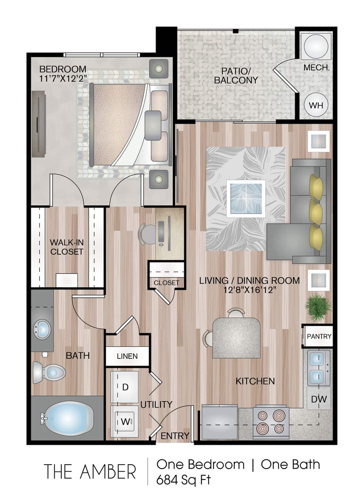 Floorplan diagram for The Amber, showing 1 bedroom