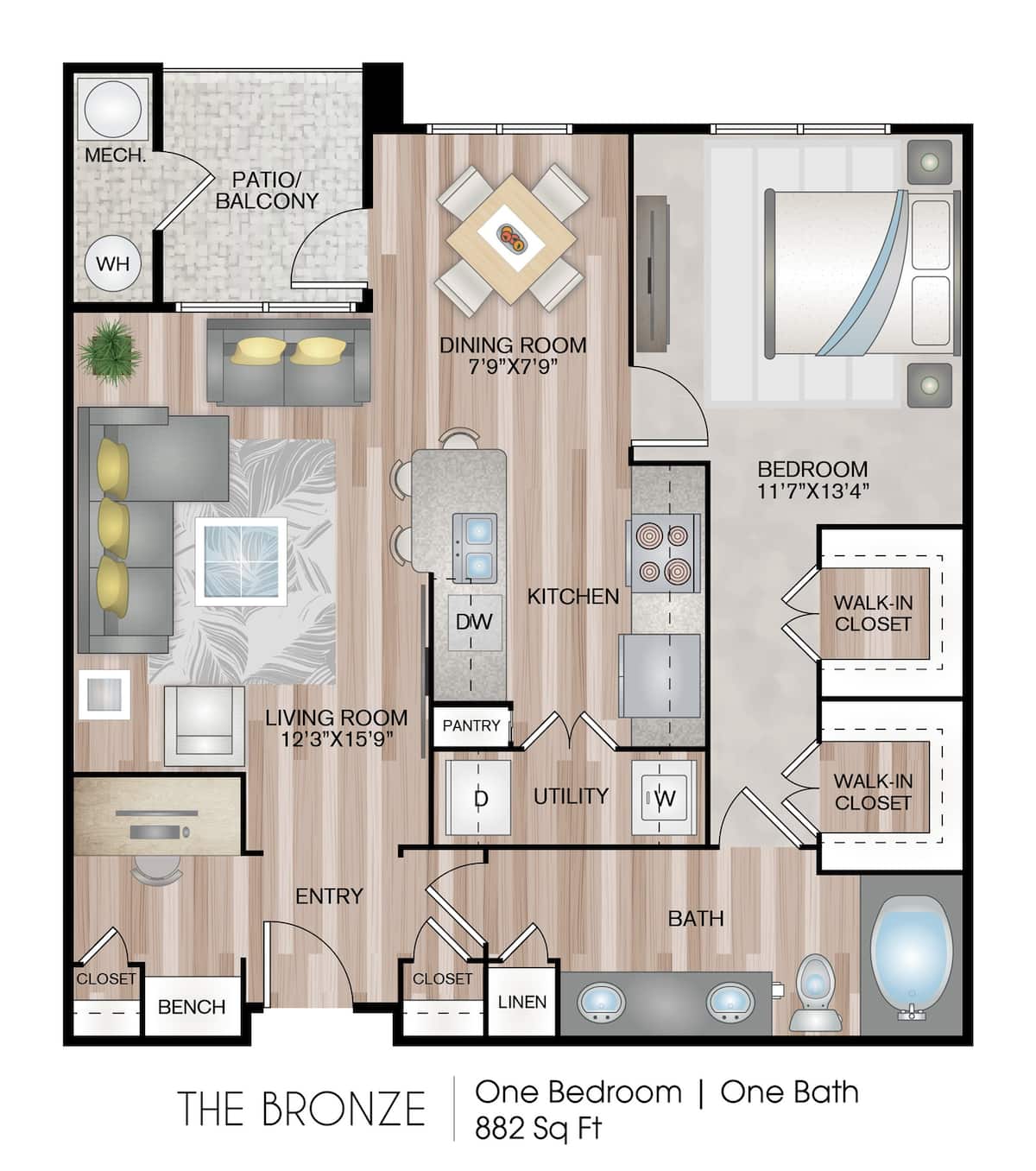 Floorplan diagram for The Bronze, showing 1 bedroom