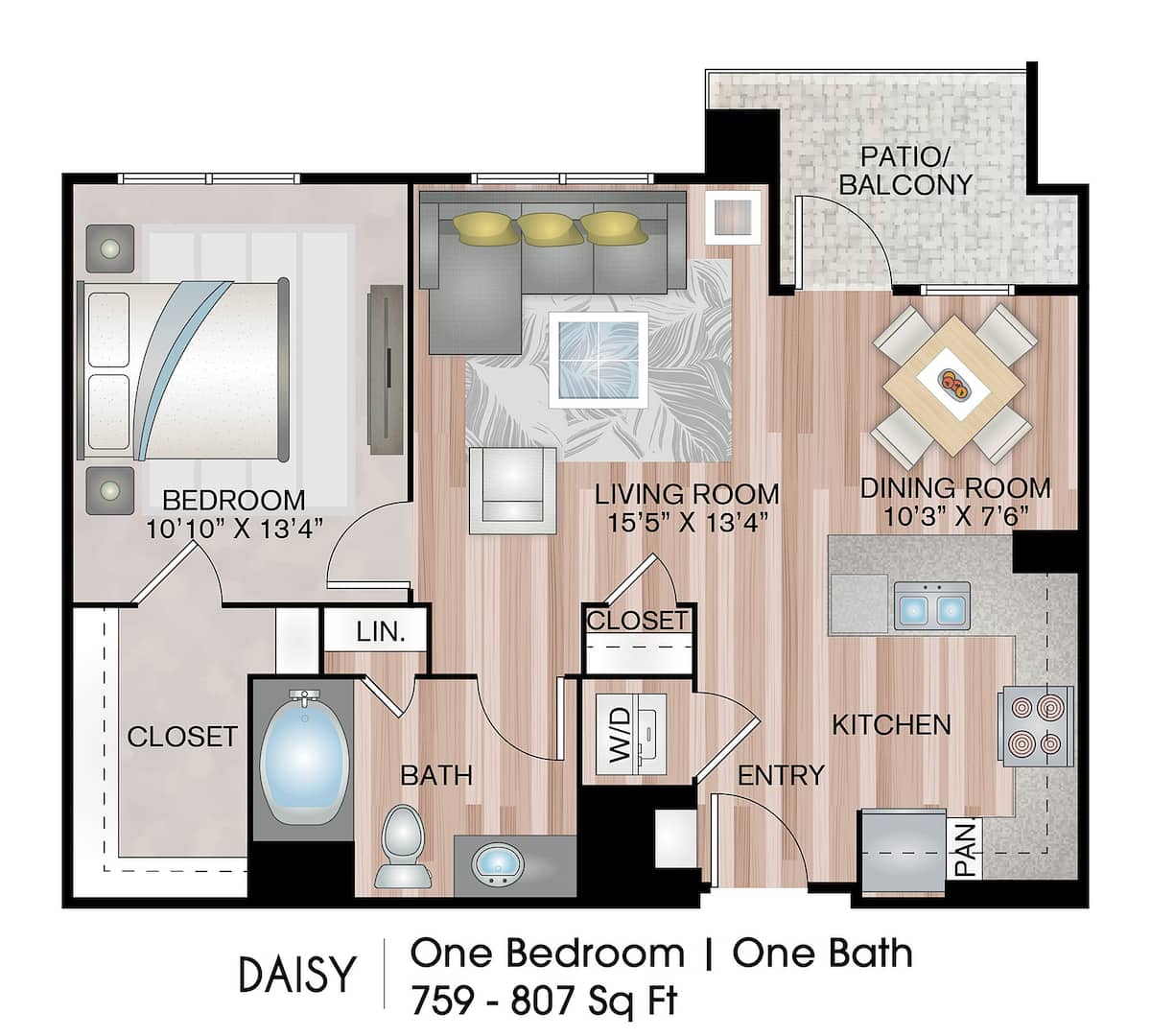 Floorplan diagram for Daisy, showing 1 bedroom