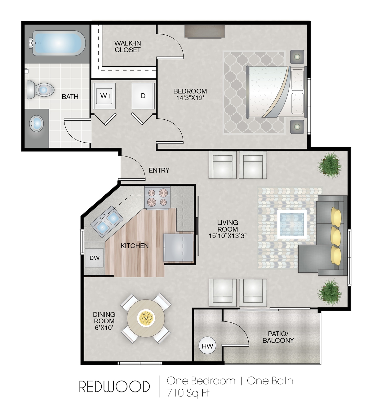 Floorplan diagram for Redwood Premium Granite Plus, showing 1 bedroom