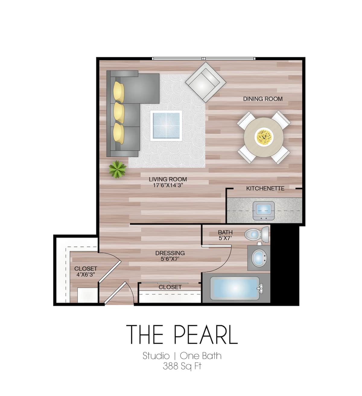 Floorplan diagram for The Pearl, showing Studio