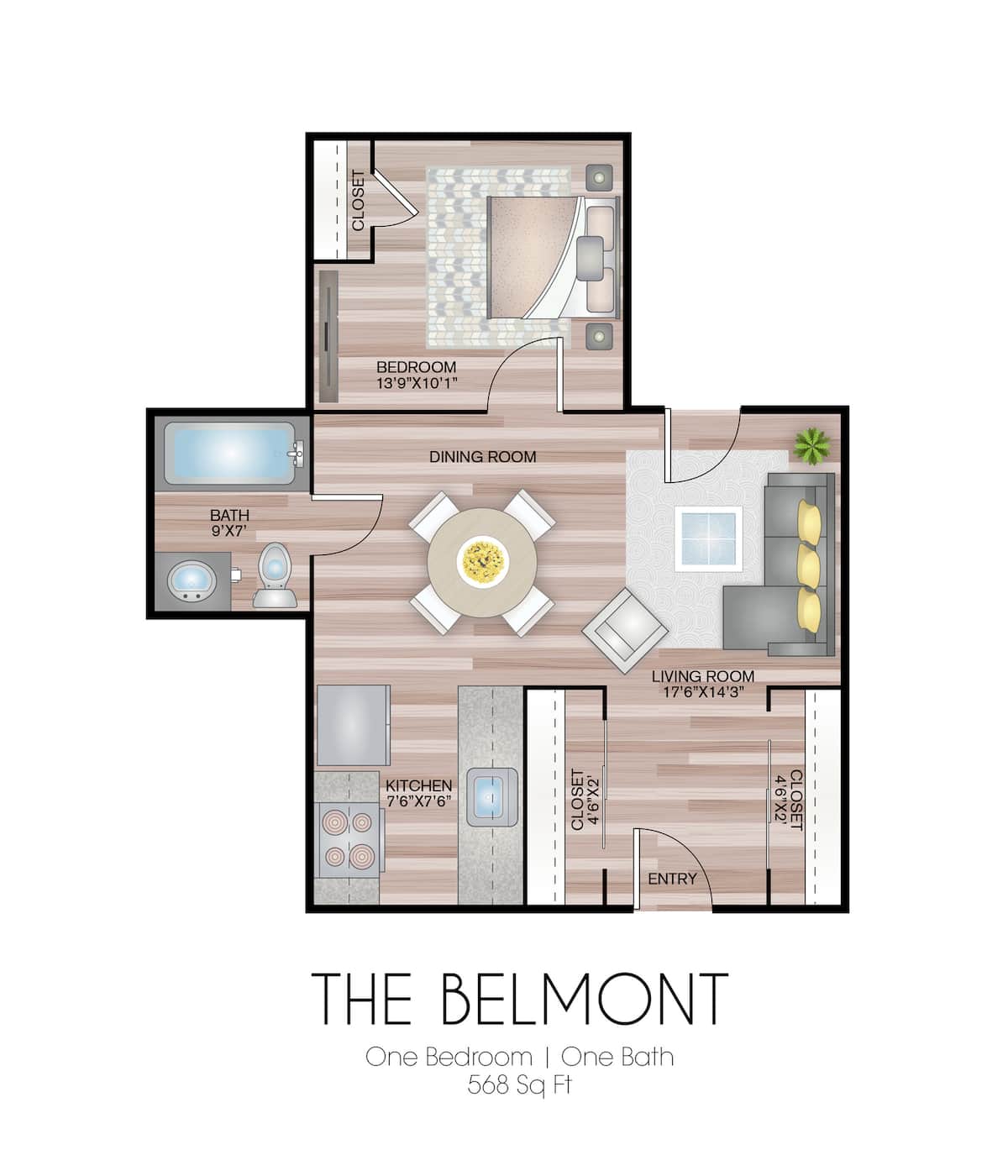 Floorplan diagram for The Belmont, showing 1 bedroom