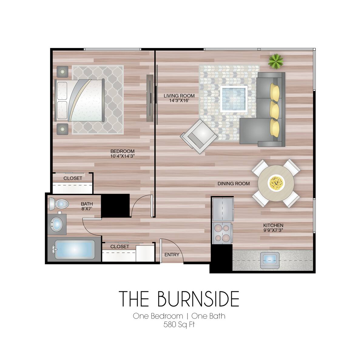 Floorplan diagram for The Burnside, showing 1 bedroom