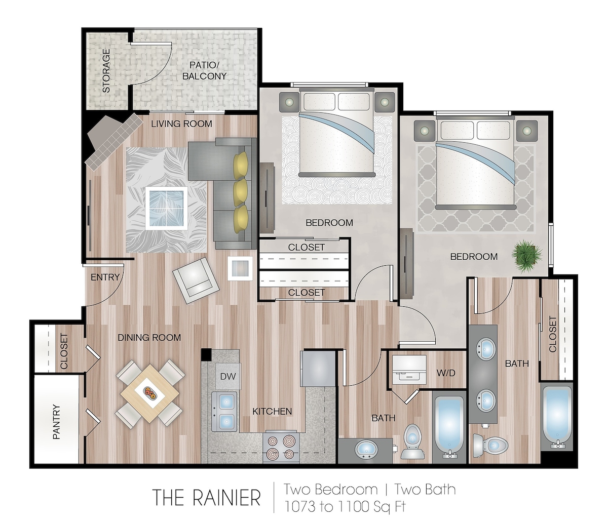 Floorplan diagram for The Rainier 1, showing 2 bedroom