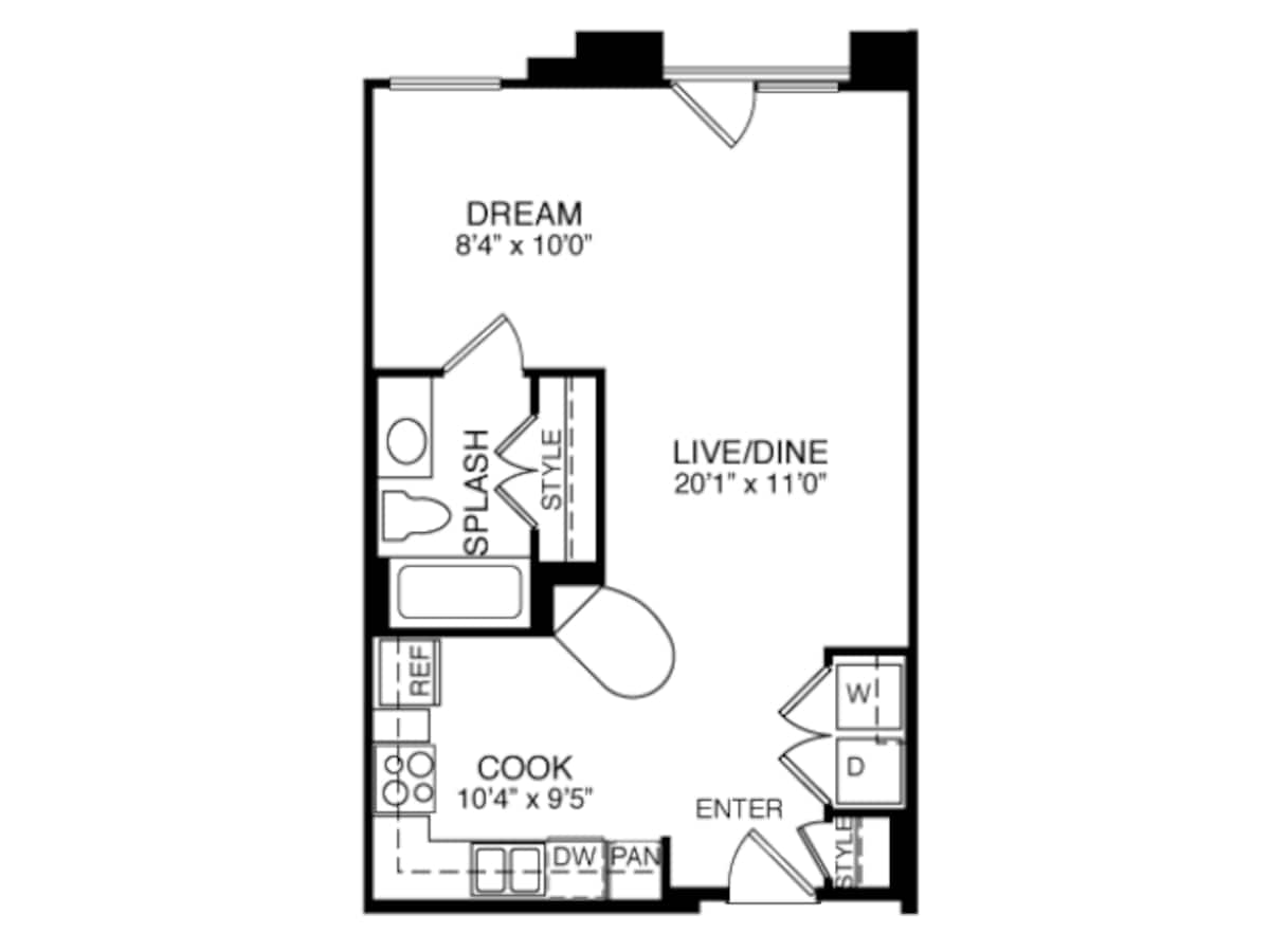 Floorplan diagram for 2E1 0-1, showing Studio