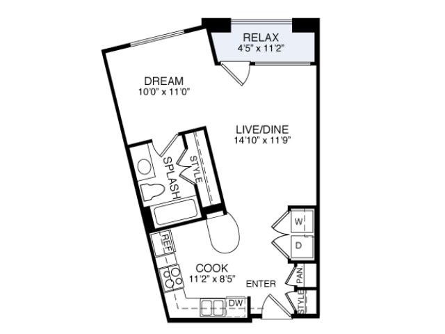 Floorplan diagram for 2E2 0-1, showing Studio