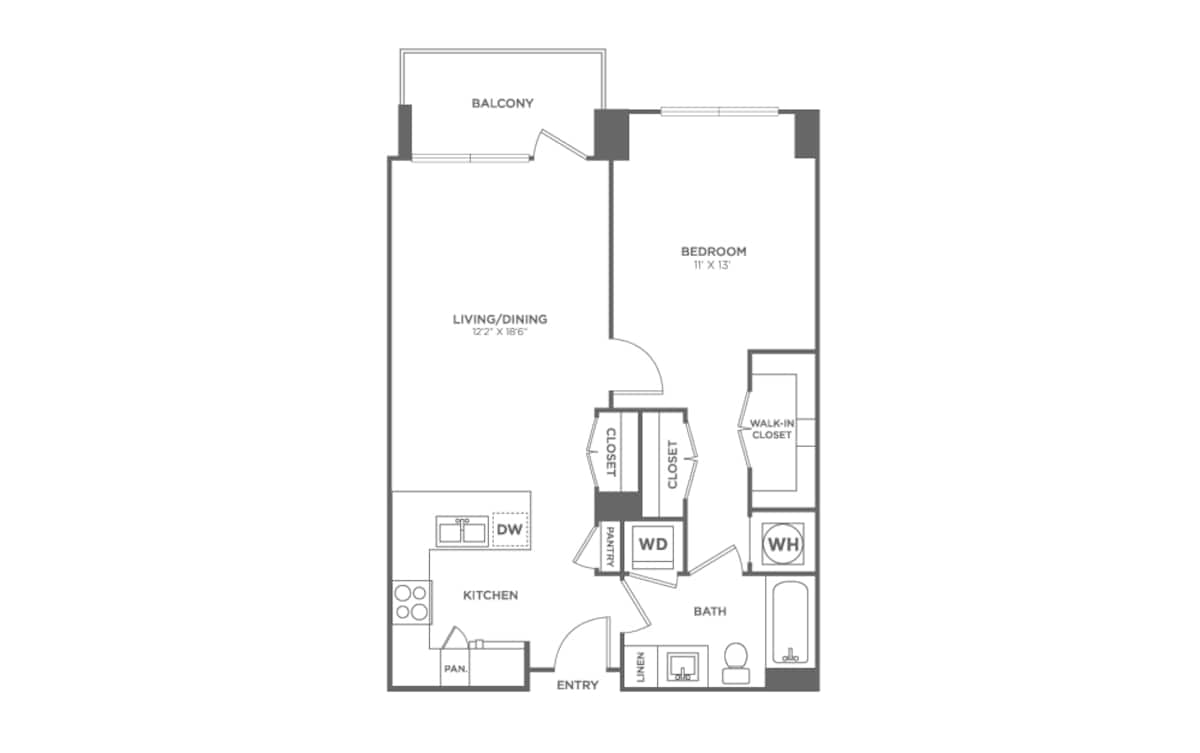 Floorplan diagram for One Bedroom One Bath (747 SF), showing 1 bedroom