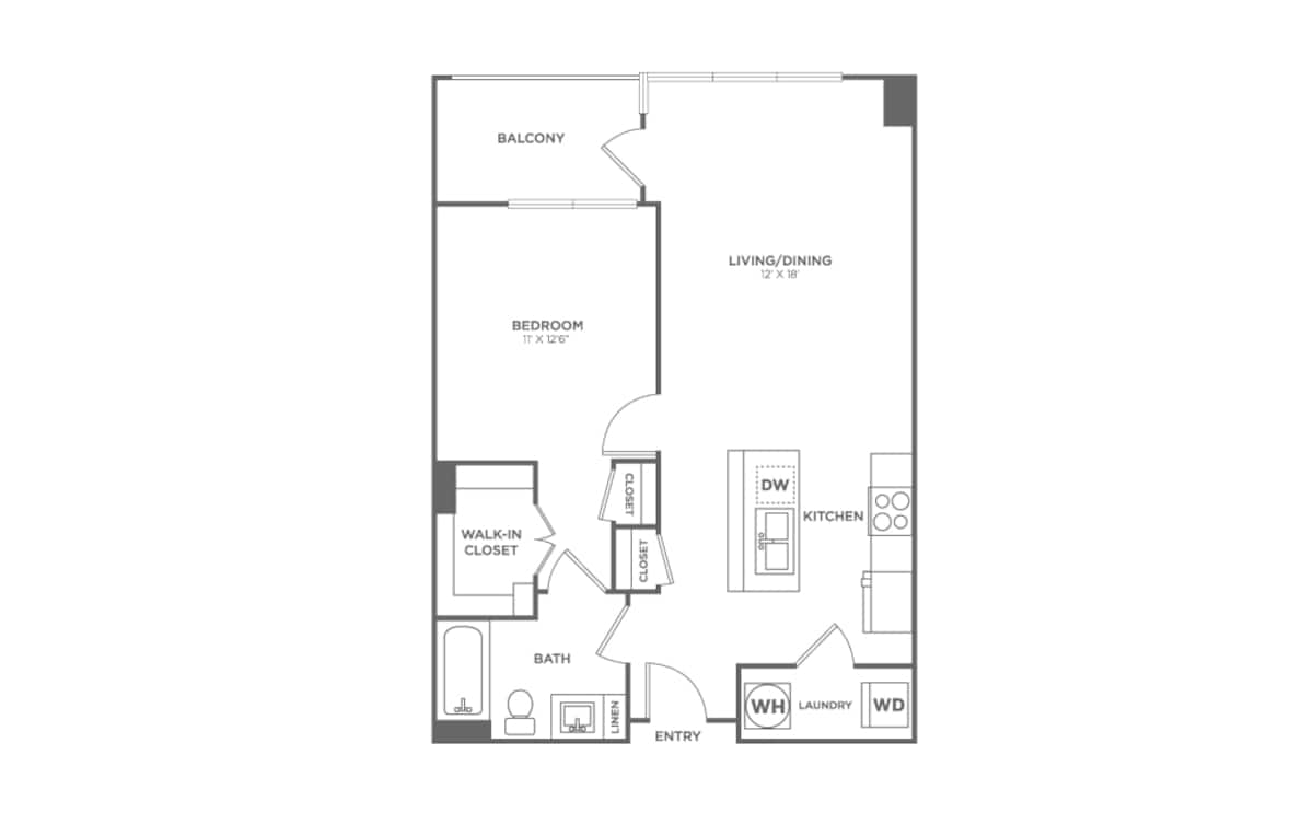 Floorplan diagram for One Bedroom One Bath (731 SF), showing 1 bedroom