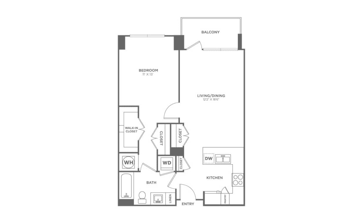 Floorplan diagram for One Bedroom One Bath (745 SF), showing 1 bedroom