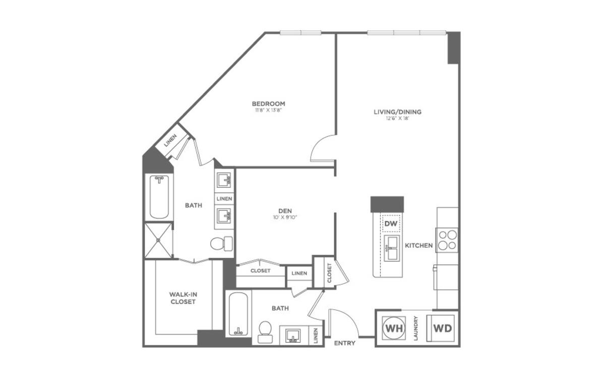 Floorplan diagram for One Bedroom One Bath With Den (995 SF), showing 1 bedroom