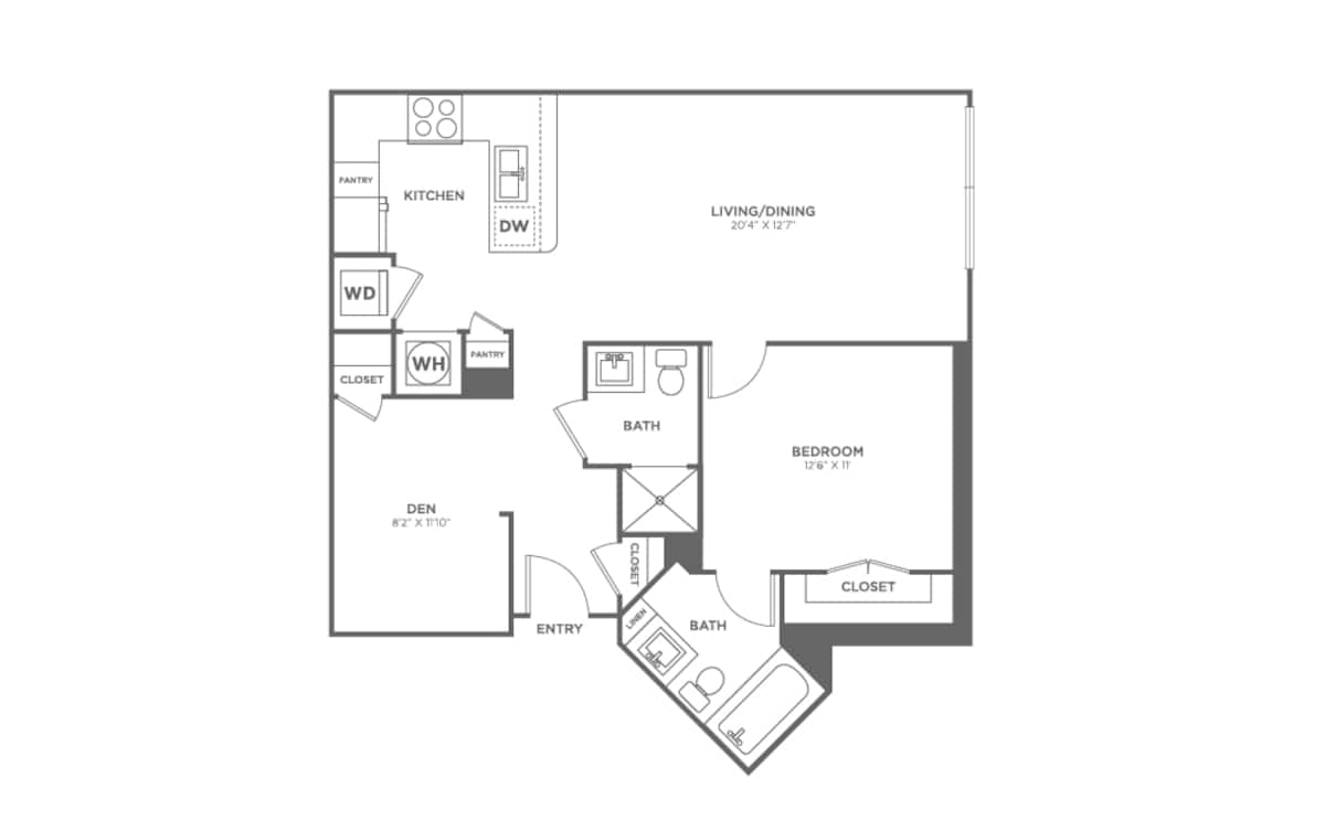 Floorplan diagram for One Bedroom One Bath With Den (913 SF), showing 1 bedroom