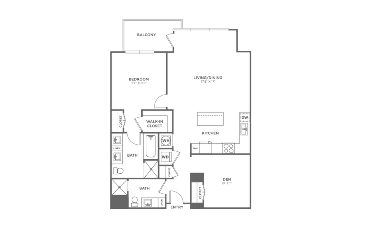 Floorplan diagram for One Bedroom One Bath With Den (1,049 SF), showing 1 bedroom