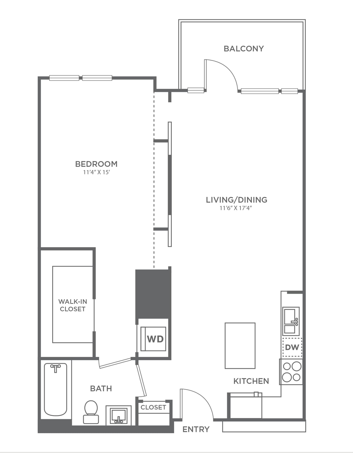 Diagrama del plano para One Bedroom One Bath (740 SF), que muestra 1 recámara