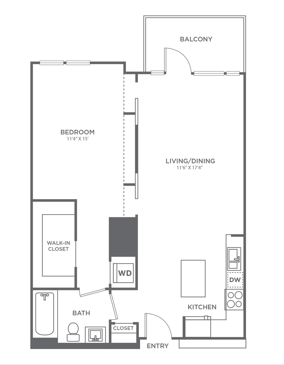 Floorplan diagram for One Bedroom One Bath (740 SF), showing 1 bedroom