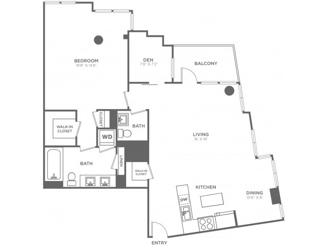 Floorplan diagram for One Bedroom One and a Half Bath w/Den (1200 SF), showing 1 bedroom