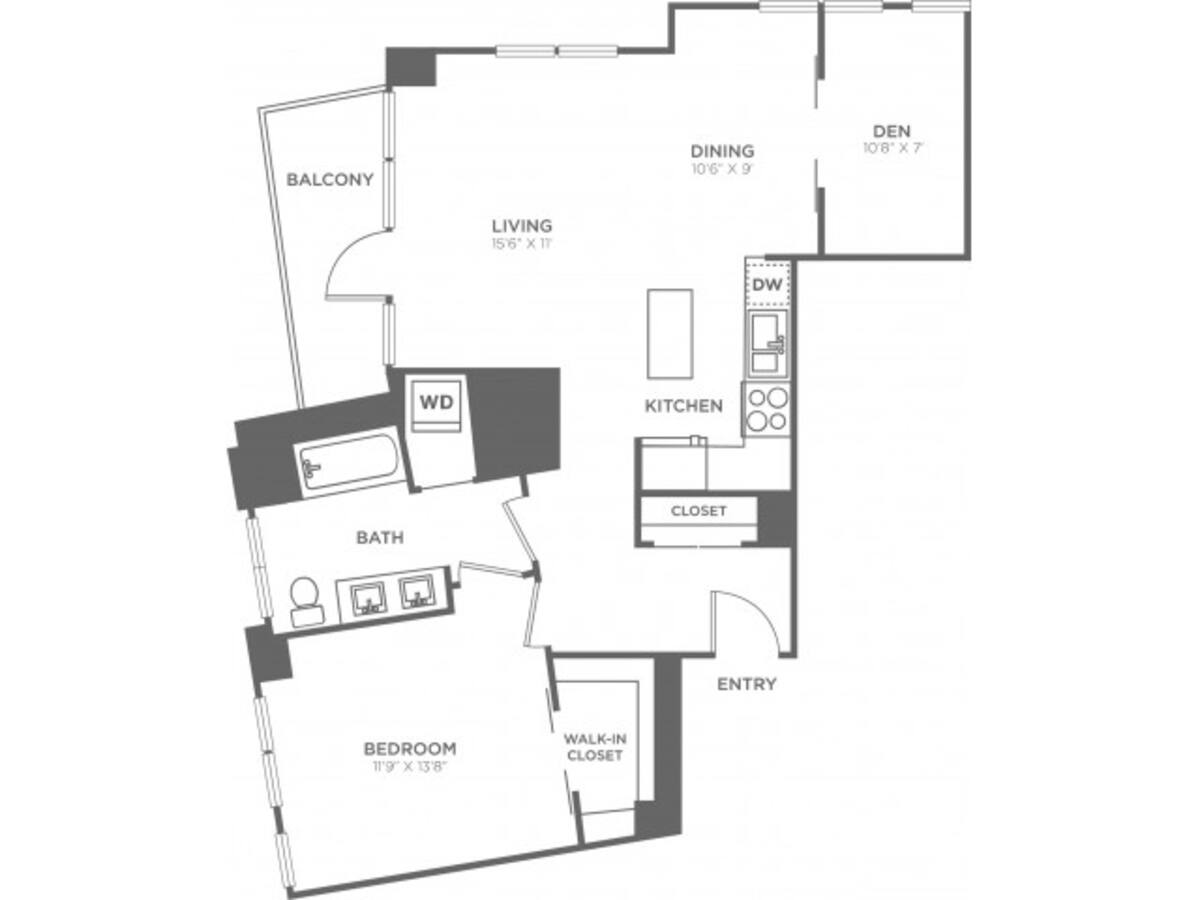 Floorplan diagram for One Bedroom One Bath w/Den (930 SF), showing 1 bedroom