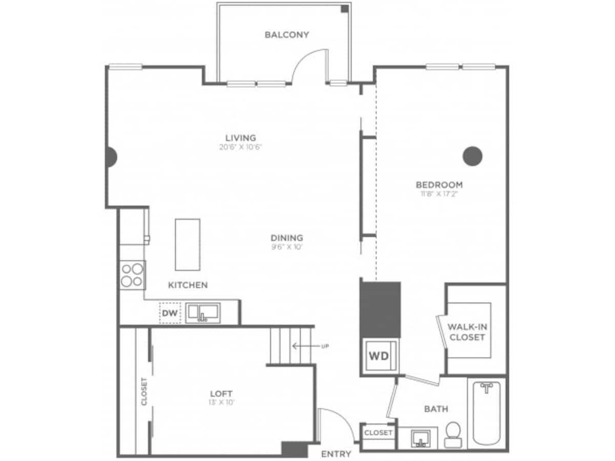 Floorplan diagram for One Bedroom One Bath w/Loft (1010 SF), showing 1 bedroom