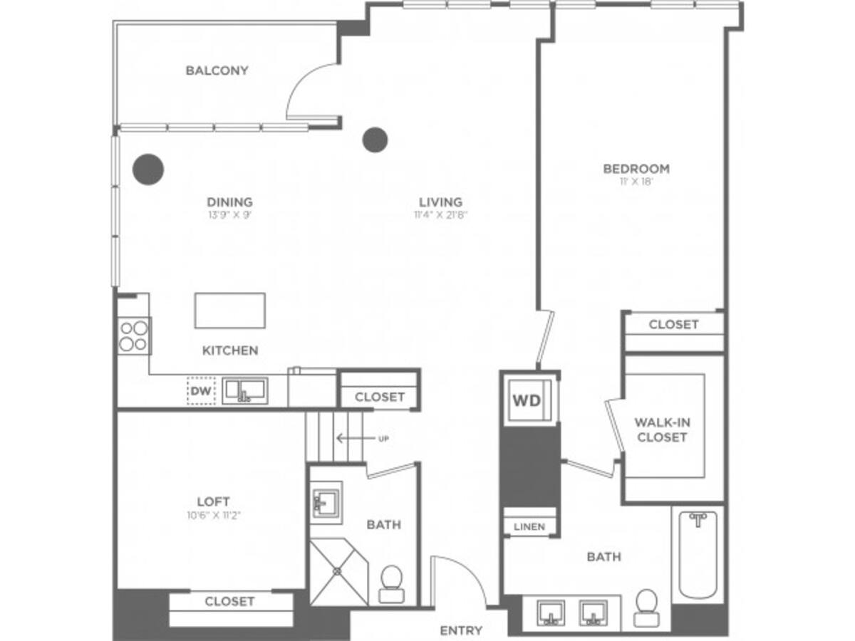 Floorplan diagram for One Bedroom Two Bath w/Loft (1270 SF), showing 1 bedroom