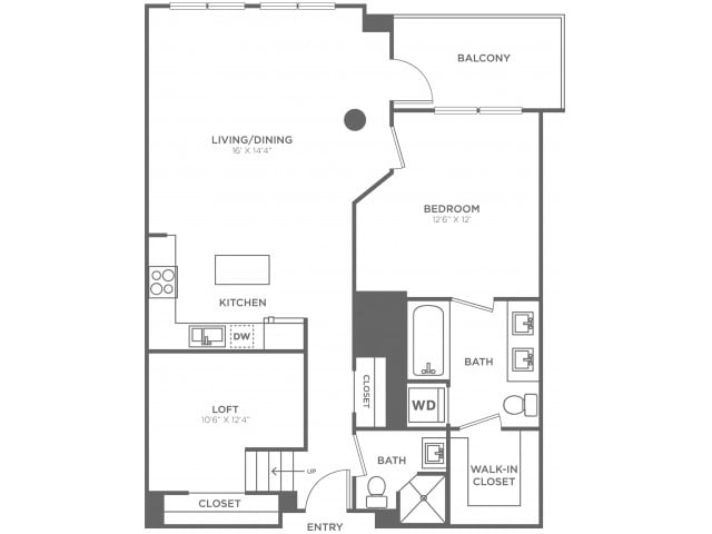 Plano de One Bedroom Two Bath w/Loft (960 SF), que muestra 1 habitación