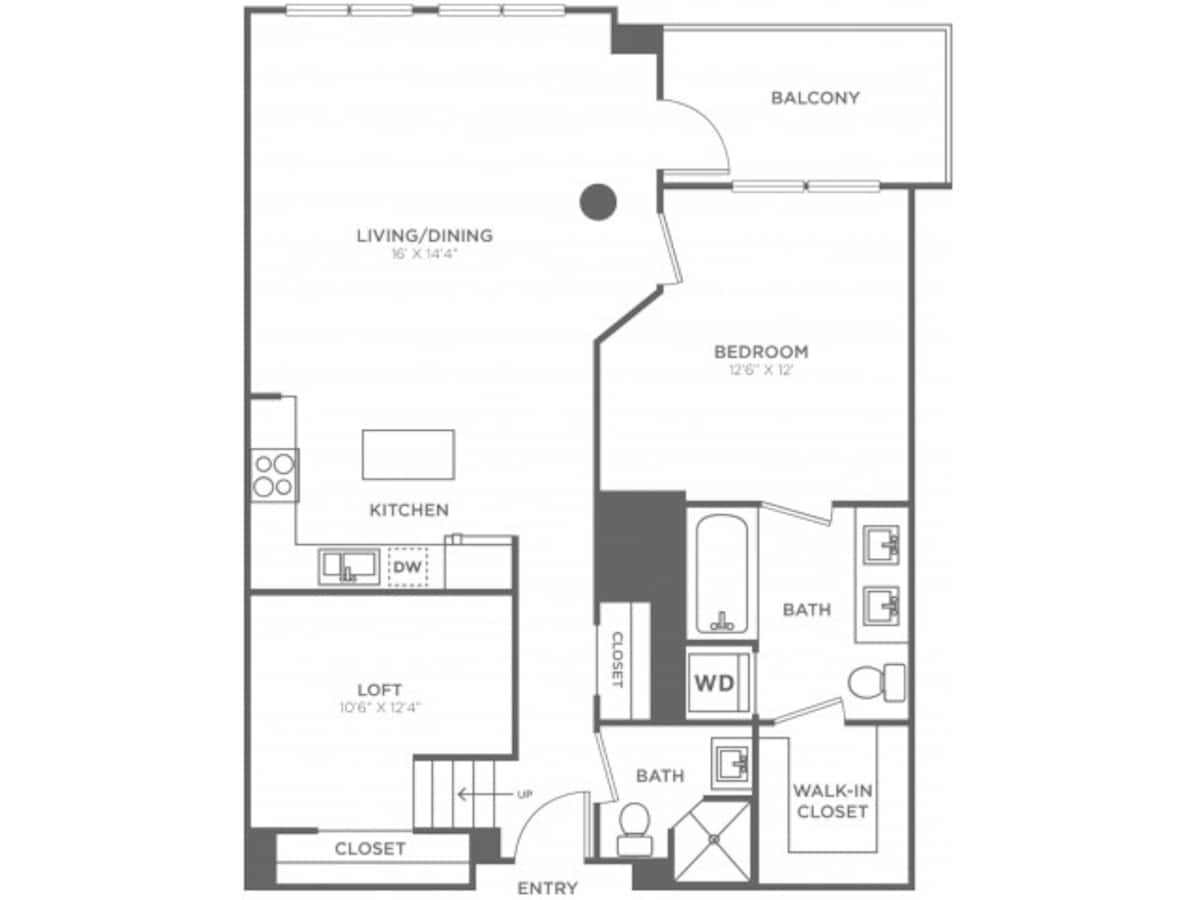 Floorplan diagram for One Bedroom Two Bath w/Loft (960 SF), showing 1 bedroom
