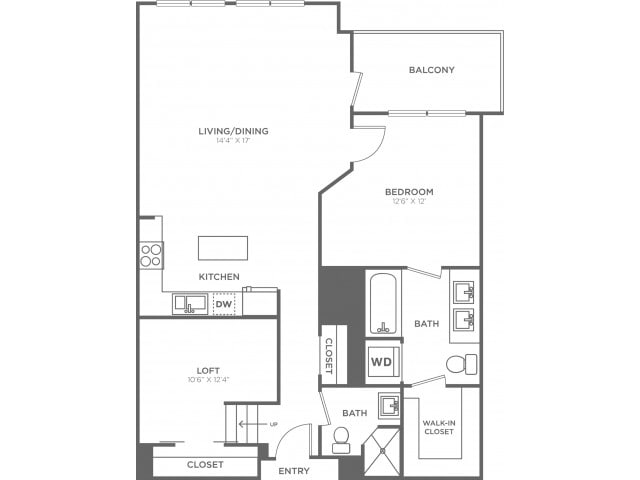 Floorplan diagram for One Bedroom Two Bath w/Loft (970 SF), showing 1 bedroom