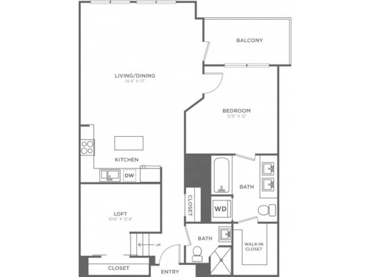 Floorplan diagram for One Bedroom Two Bath w/Loft (970 SF), showing 1 bedroom