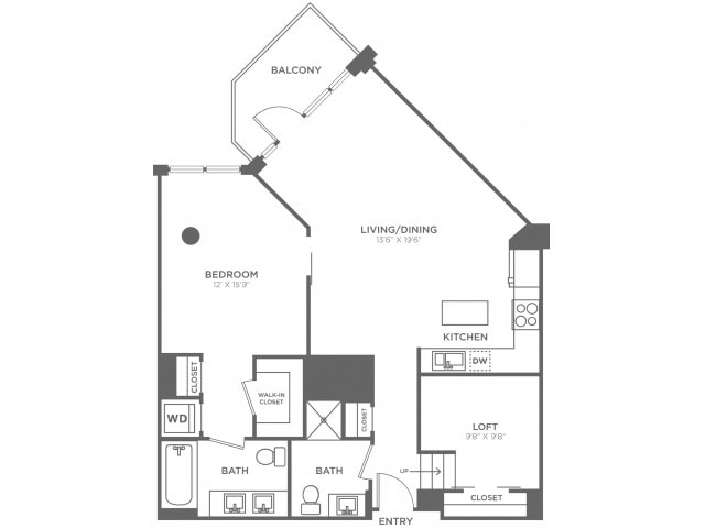 Floorplan diagram for One Bedroom Two Bath w/Loft (1060 SF), showing 1 bedroom