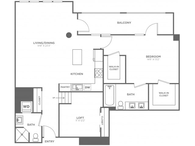 Grundrissdiagramm für One Bedroom Two Bath w/Loft (1330 SF) zeigt 1 Schlafzimmer