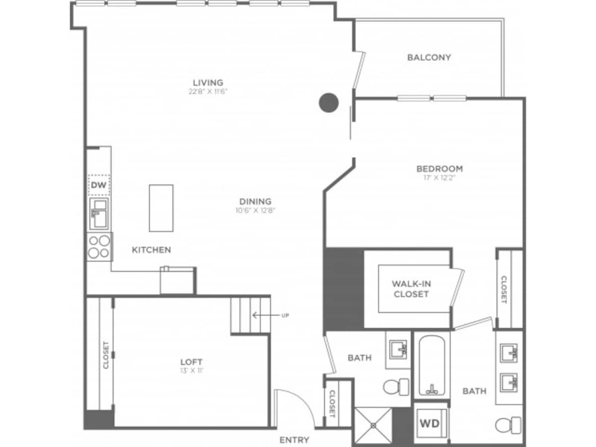 Floorplan diagram for One Bedroom Two Bath w/Loft (1290 SF), showing 1 bedroom