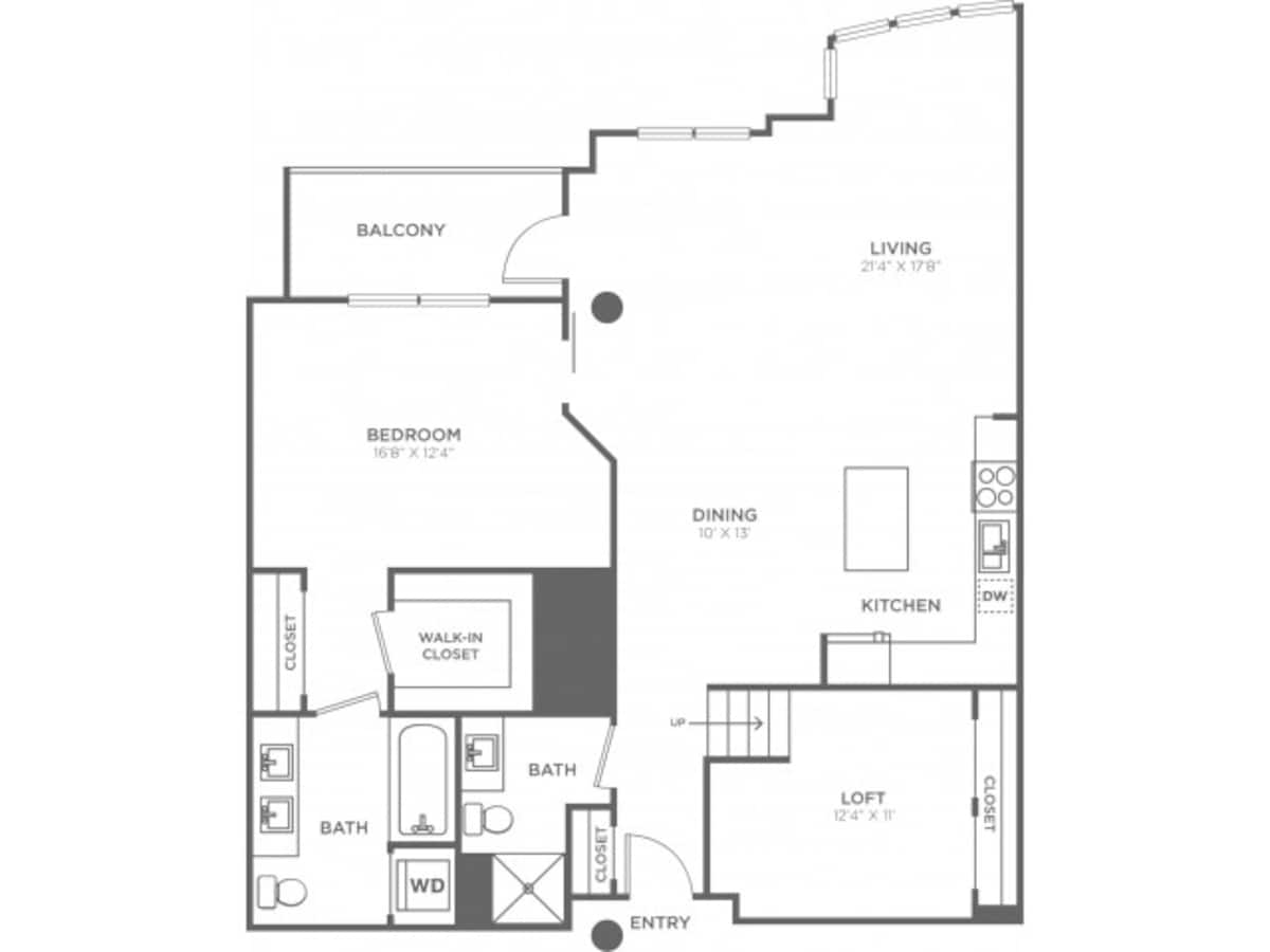 Floorplan diagram for One Bedroom Two Bath w/Loft (1320 SF), showing 1 bedroom