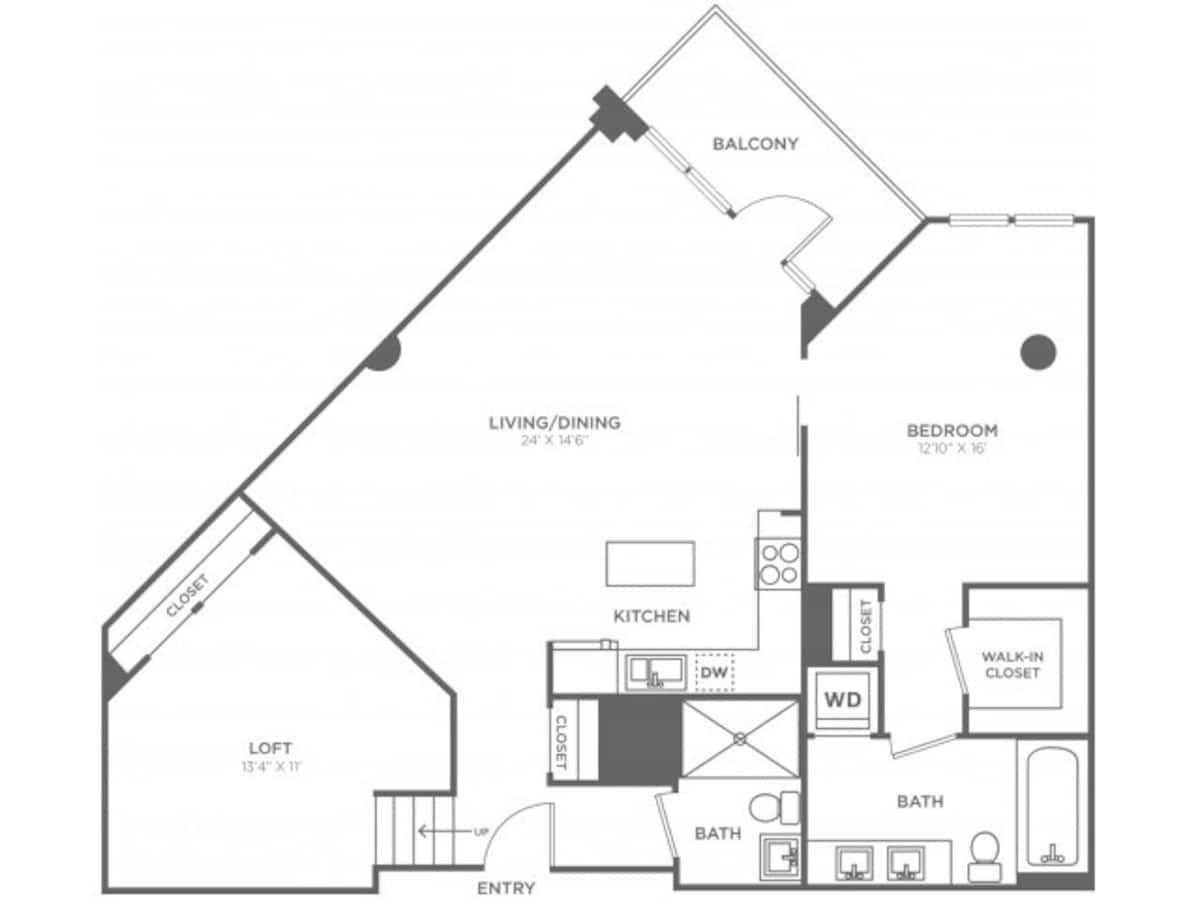 Floorplan diagram for One Bedroom Two Bath w/Loft (1200 SF), showing 1 bedroom