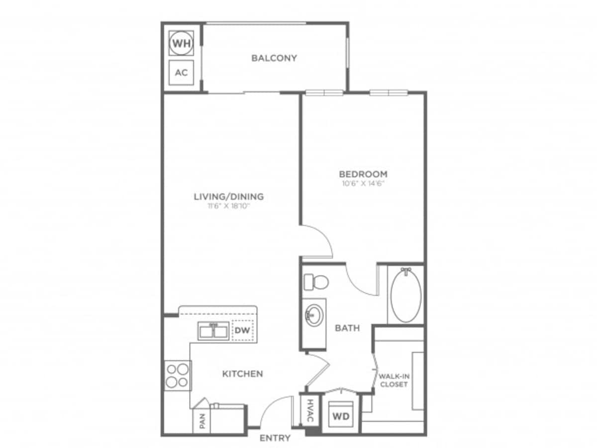 Floorplan diagram for 1 Bedroom 1 Bath (690 SF), showing 1 bedroom