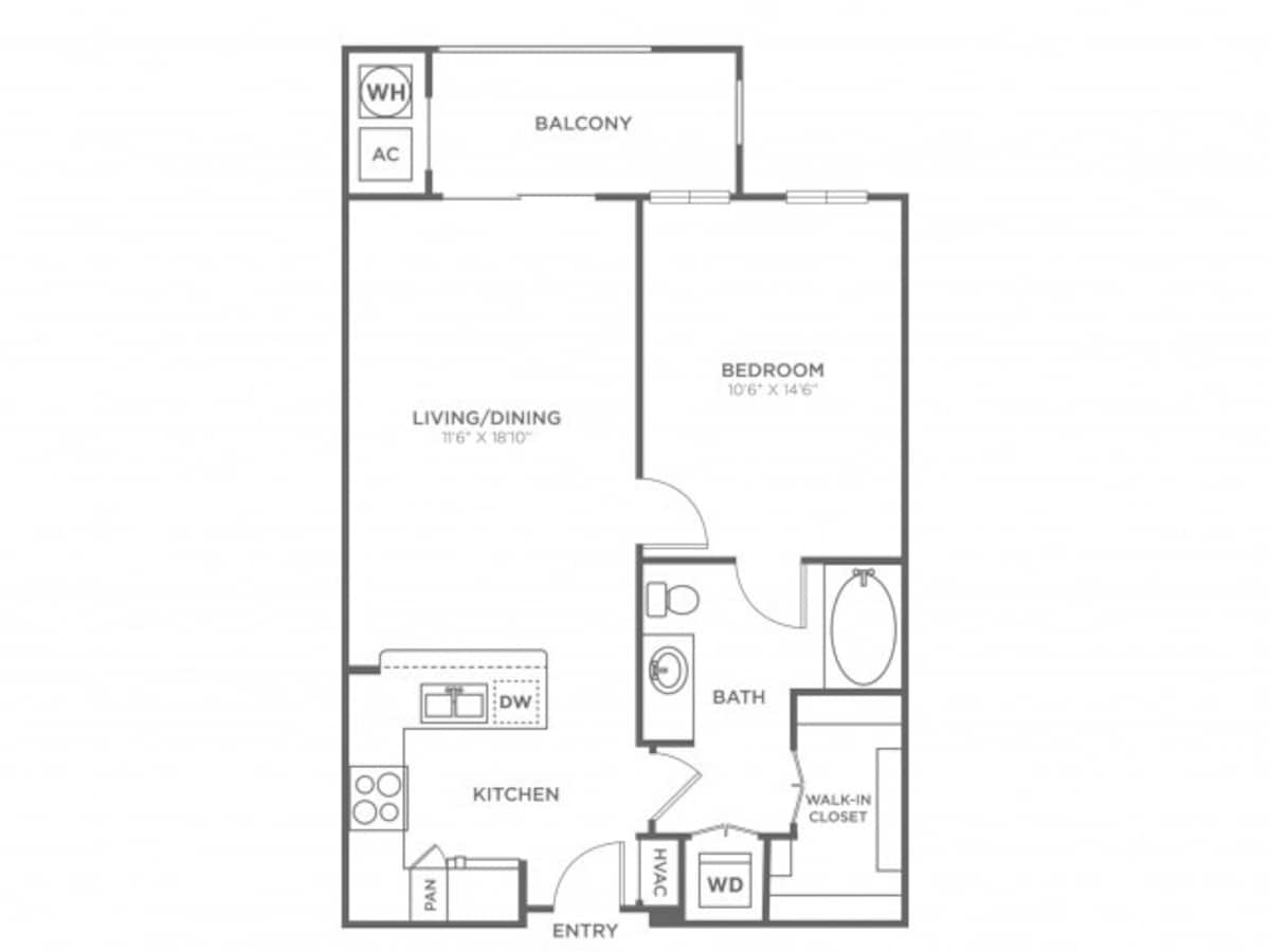 Floorplan diagram for 1 Bedroom 1 Bath (690 SF), showing 1 bedroom