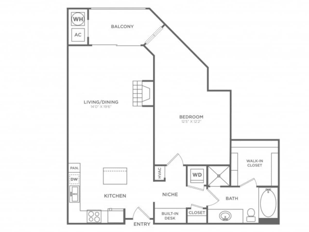 Floorplan diagram for 1 Bedroom 1 Bath (914 SF), showing 1 bedroom