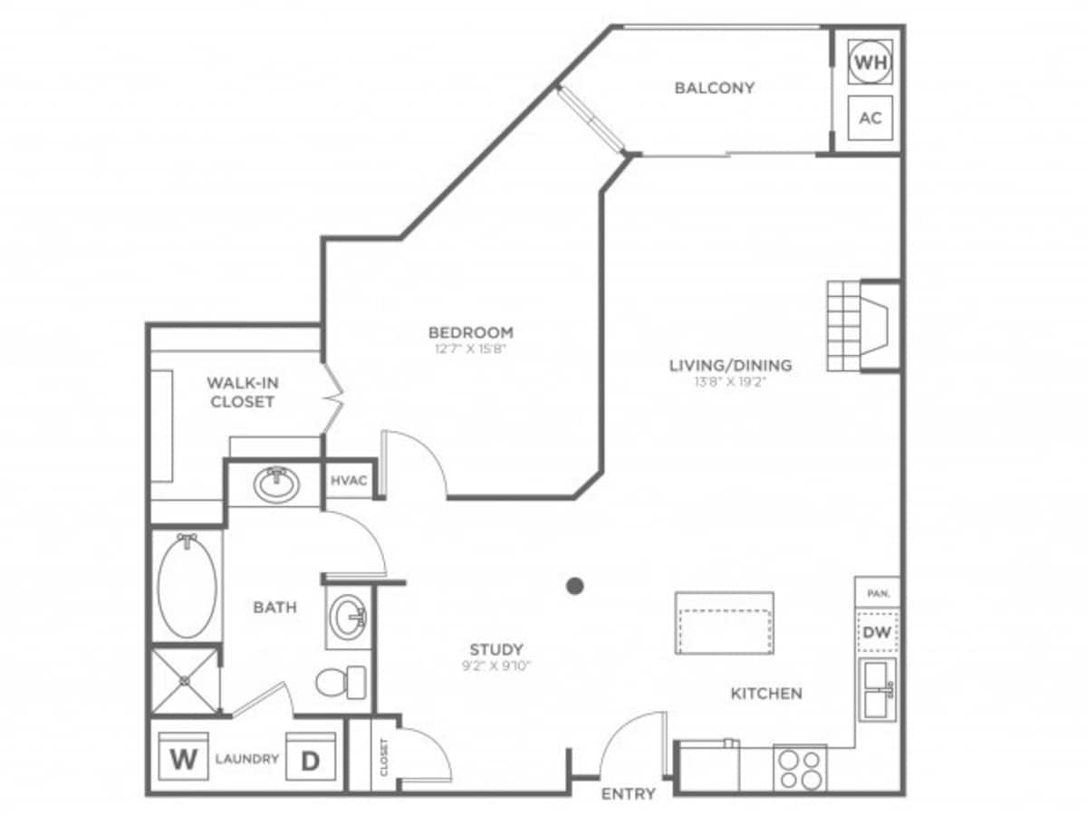 Floorplan diagram for 1 Bedroom 1 Bath (991 SF), showing 1 bedroom