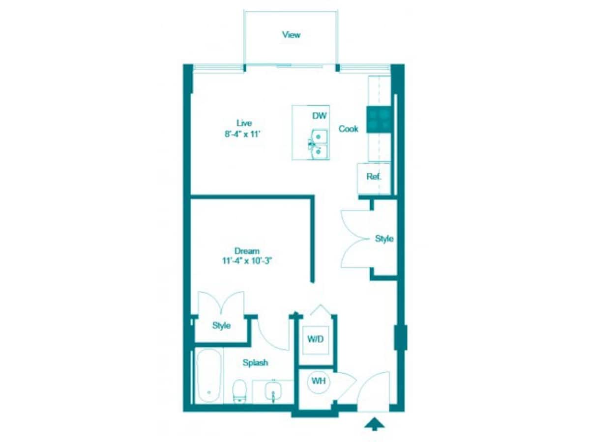 Floorplan diagram for Studio One Bath (580 SF), showing Studio