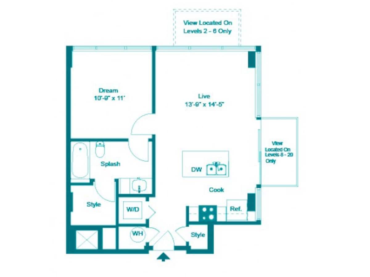 Floorplan diagram for One Bedroom One Bath (702 SF), showing 1 bedroom