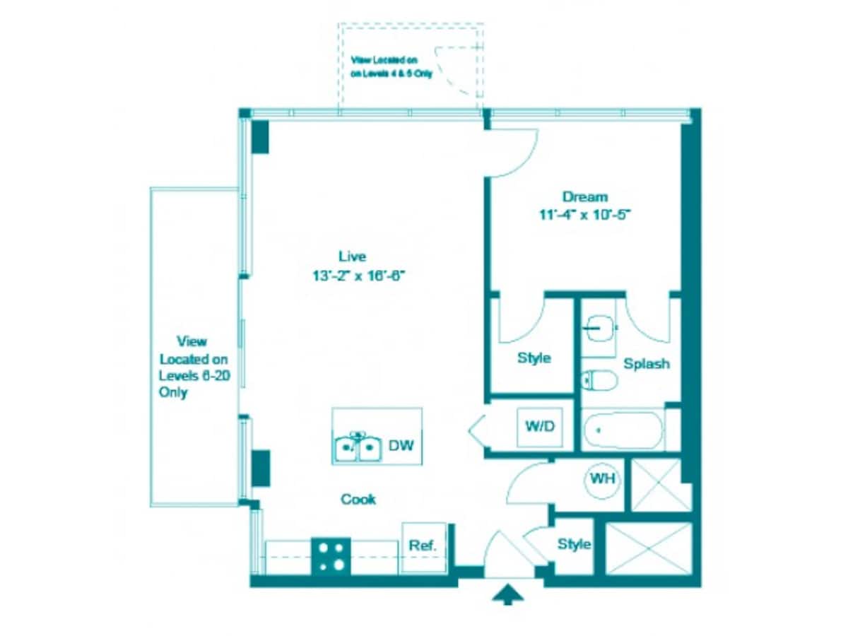 Floorplan diagram for One Bedroom One Bath (728 SF), showing 1 bedroom