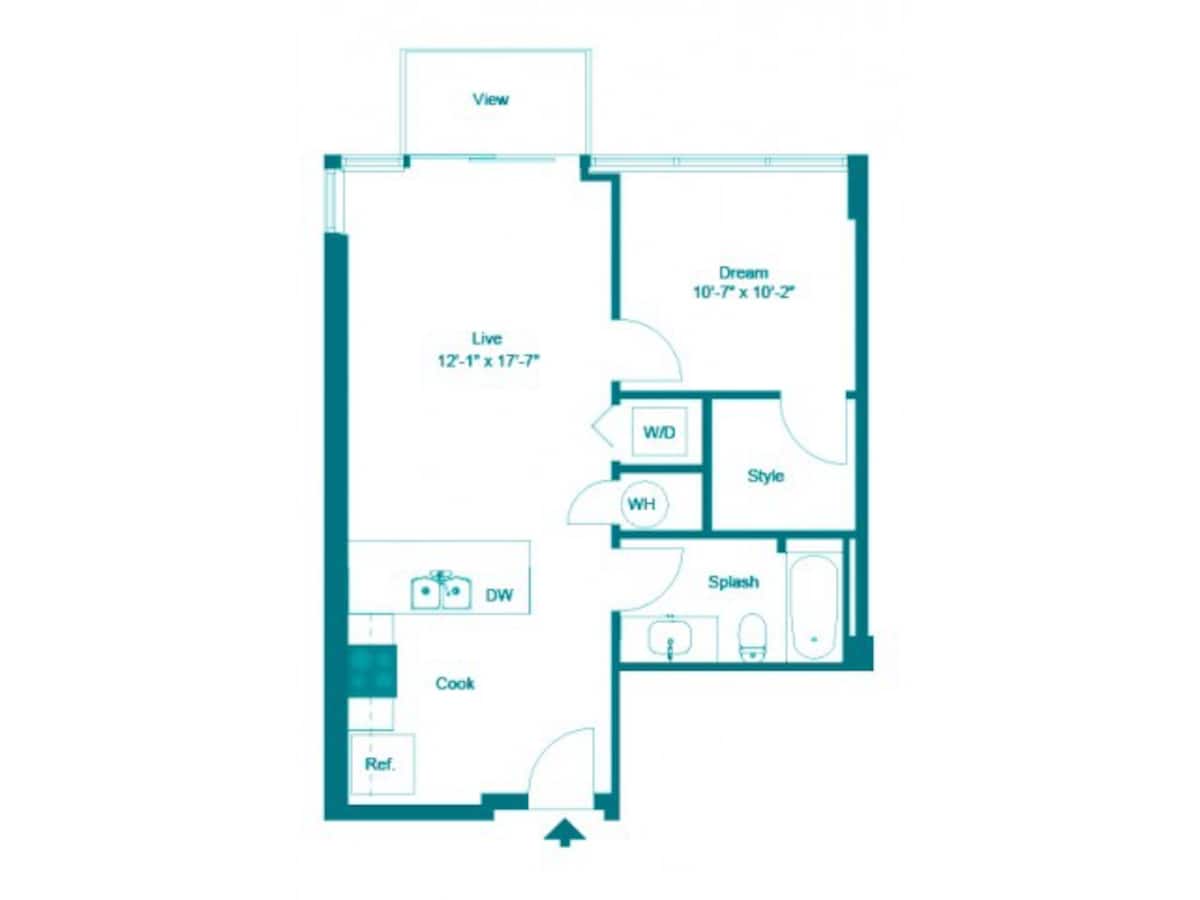 Floorplan diagram for One Bedroom One Bath (643 SF), showing 1 bedroom