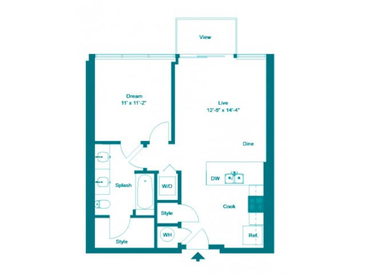 Floorplan diagram for One Bedroom One Bath (677 SF), showing 1 bedroom