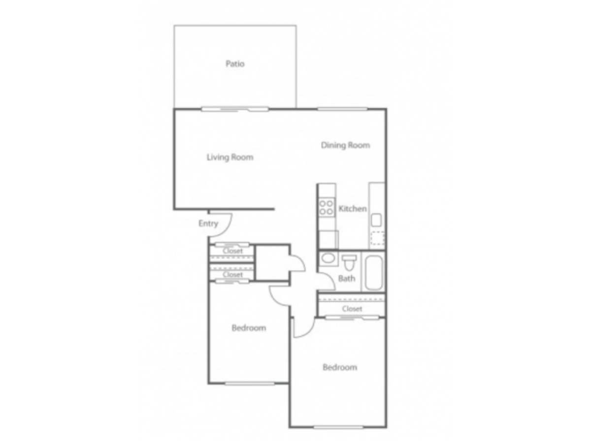 Floorplan diagram for 2BD/1BA Plan A, showing 2 bedroom