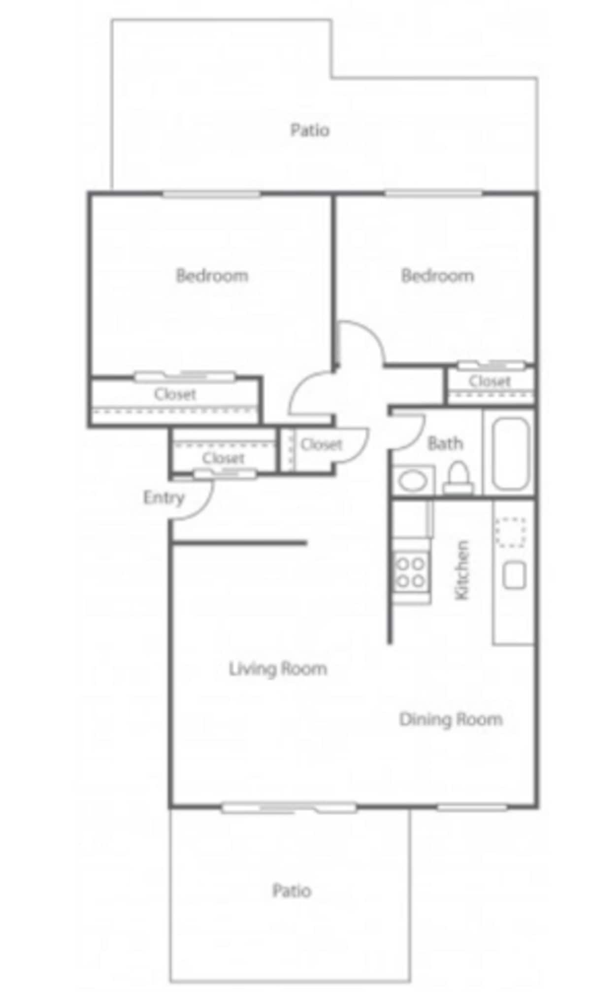 Floorplan diagram for 2BD/1BA Plan B, showing 2 bedroom