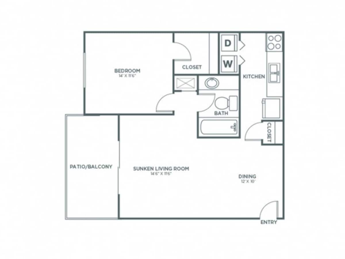 Floorplan diagram for One Bedroom One Bath (826 SF), showing 1 bedroom