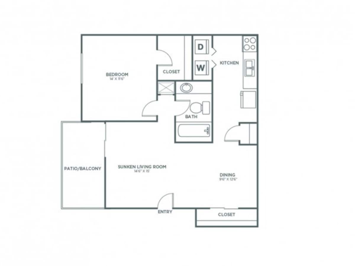 Floorplan diagram for One Bedroom One Bath (847 SF), showing 1 bedroom