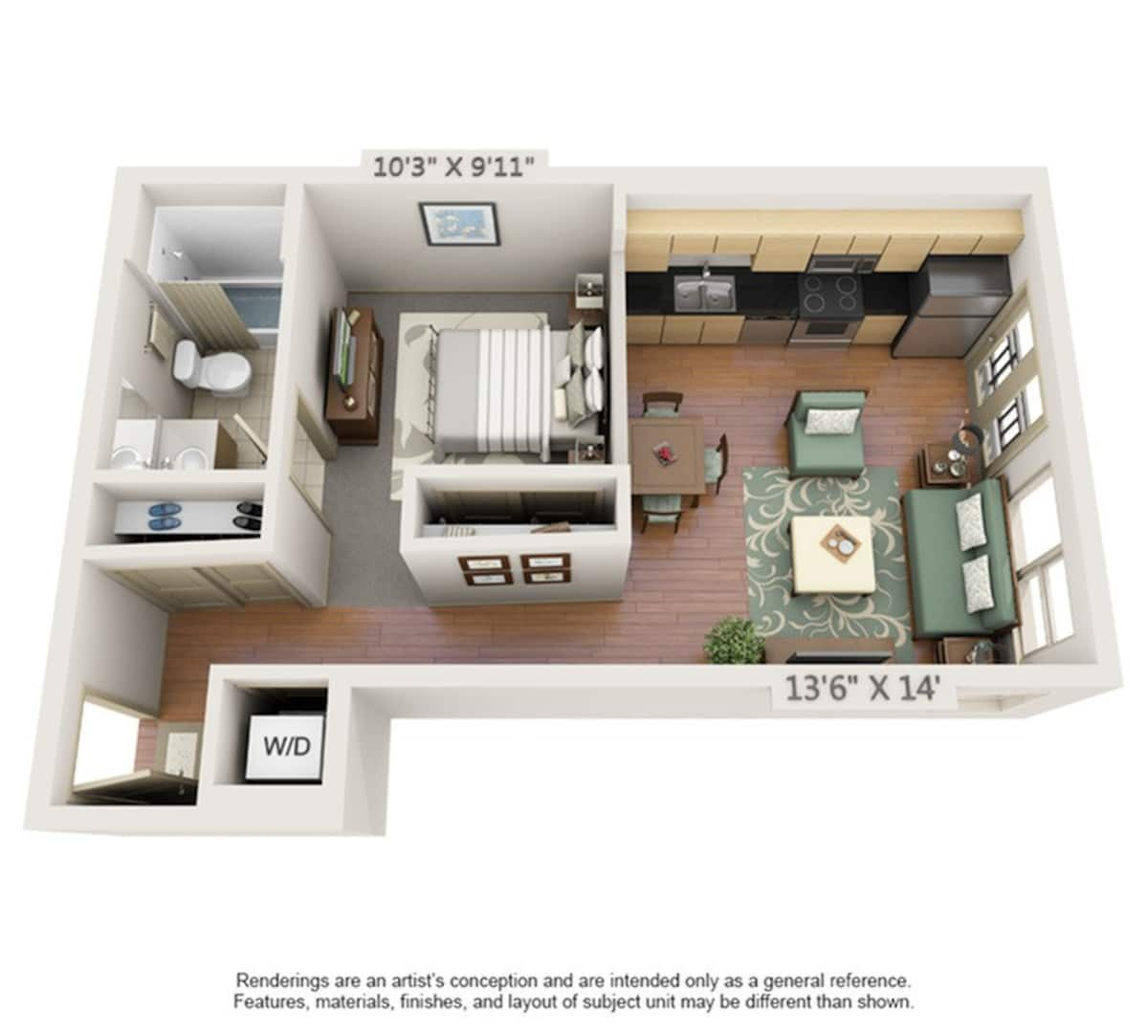 Floorplan diagram for Valmont, showing 1 bedroom